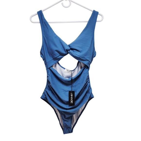 Blue One-Piece Swimsuit Knot Front & Cutout Detail Adjustable Straps  Size - Picture 1 of 5
